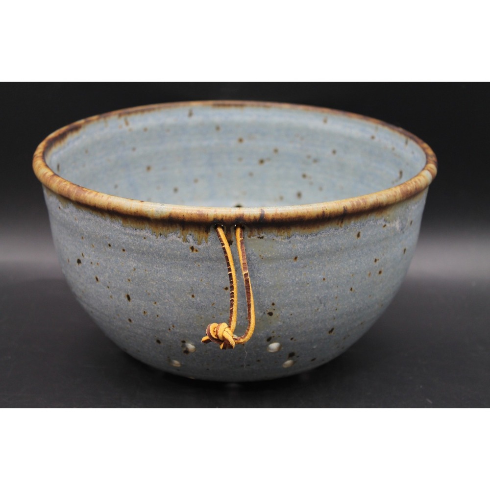 Signed Studio Pottery Berry Bowl Colander Blue Speckled Glaze 9.5in Handmade